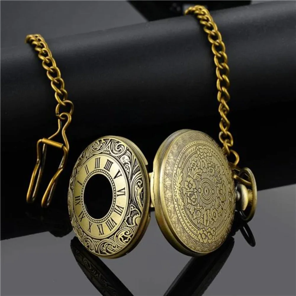 Vintage Style Brass Pocket Watch - Gold Tone with Roman Dial